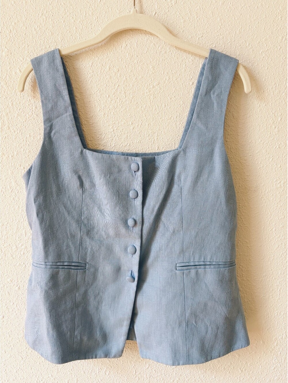 Sezane Zelinda Blouse Light Blue Linen Vest Size 38 US 6 Minimalist Coastal